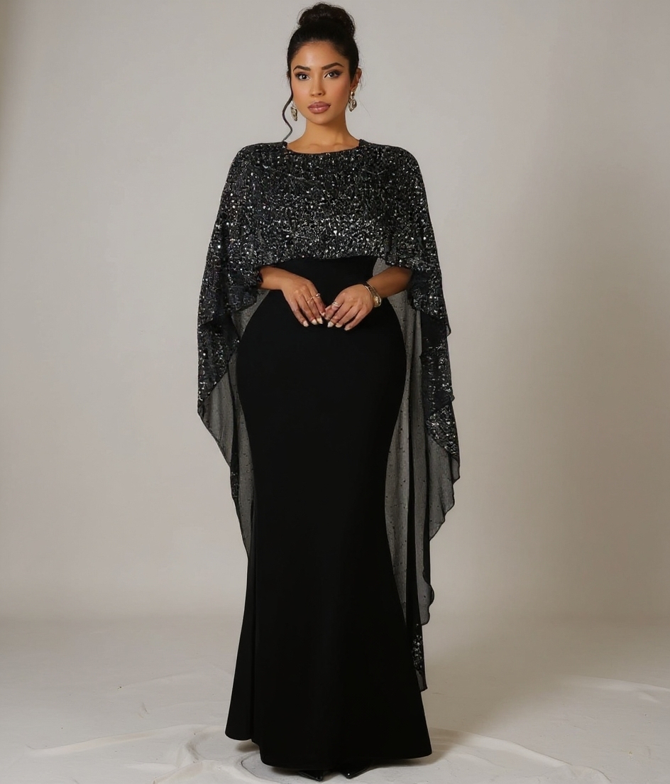 Women's Plus Size Sequin Cape-Sleeve Mermaid Maxi Dress-Aegean-sea