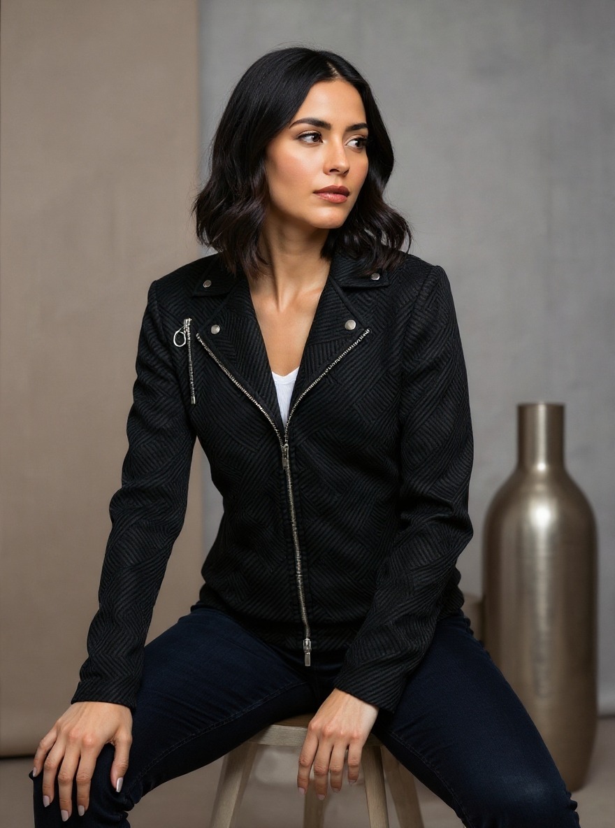 Chaqueta de motociclista texturizada negra con cremalleras metálicas y detalles angulosos-Aegean-sea