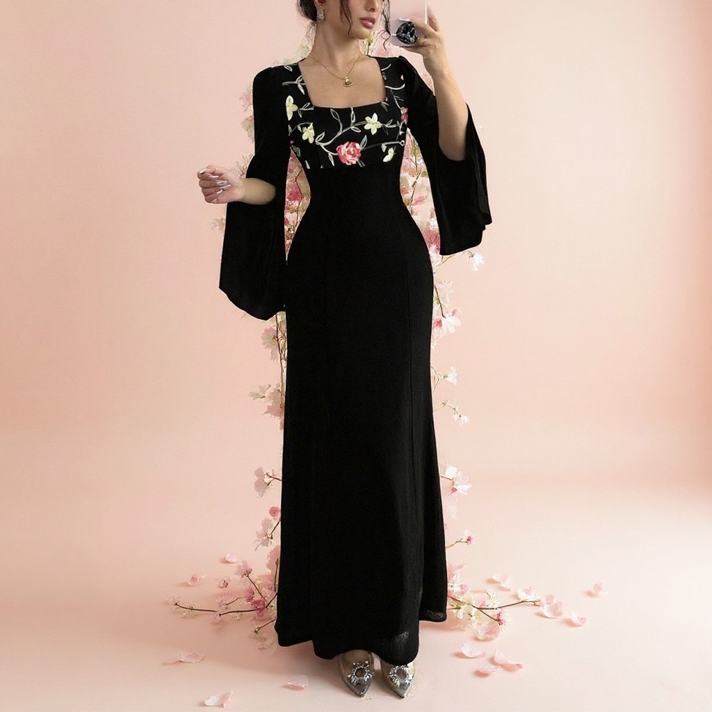 Woman's Square Neck Bell Sleeve Maxi Dress with Floral Embroidery-Aegean-sea