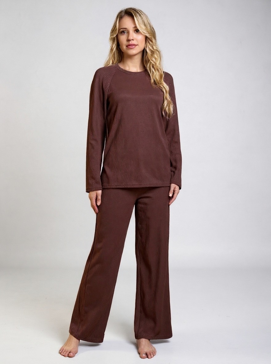 Women's Burgundy Ribbed Long Sleeve Top and Wide-Leg Pants Loungewear Set-Aegean-sea