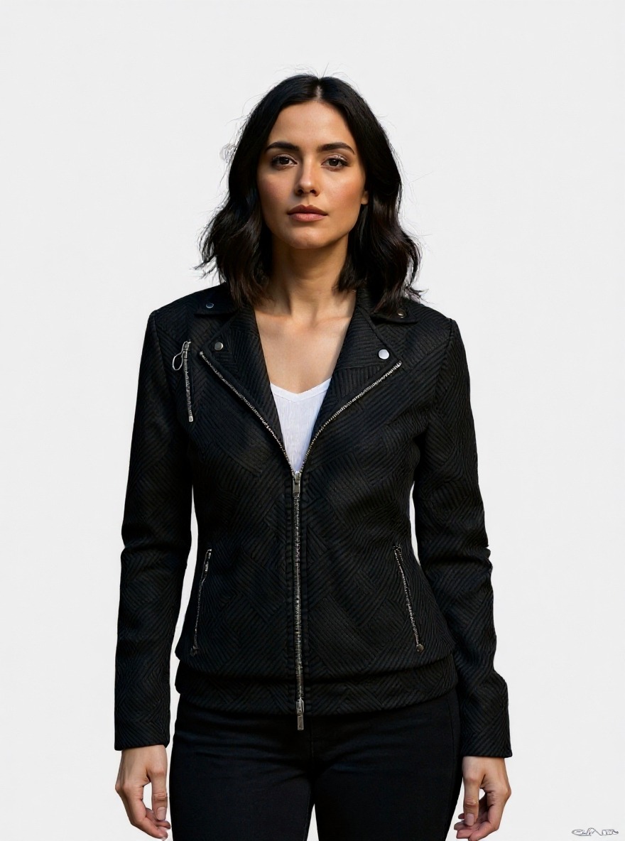 Chaqueta de motociclista texturizada negra con cremalleras metálicas y detalles angulosos-Aegean-sea