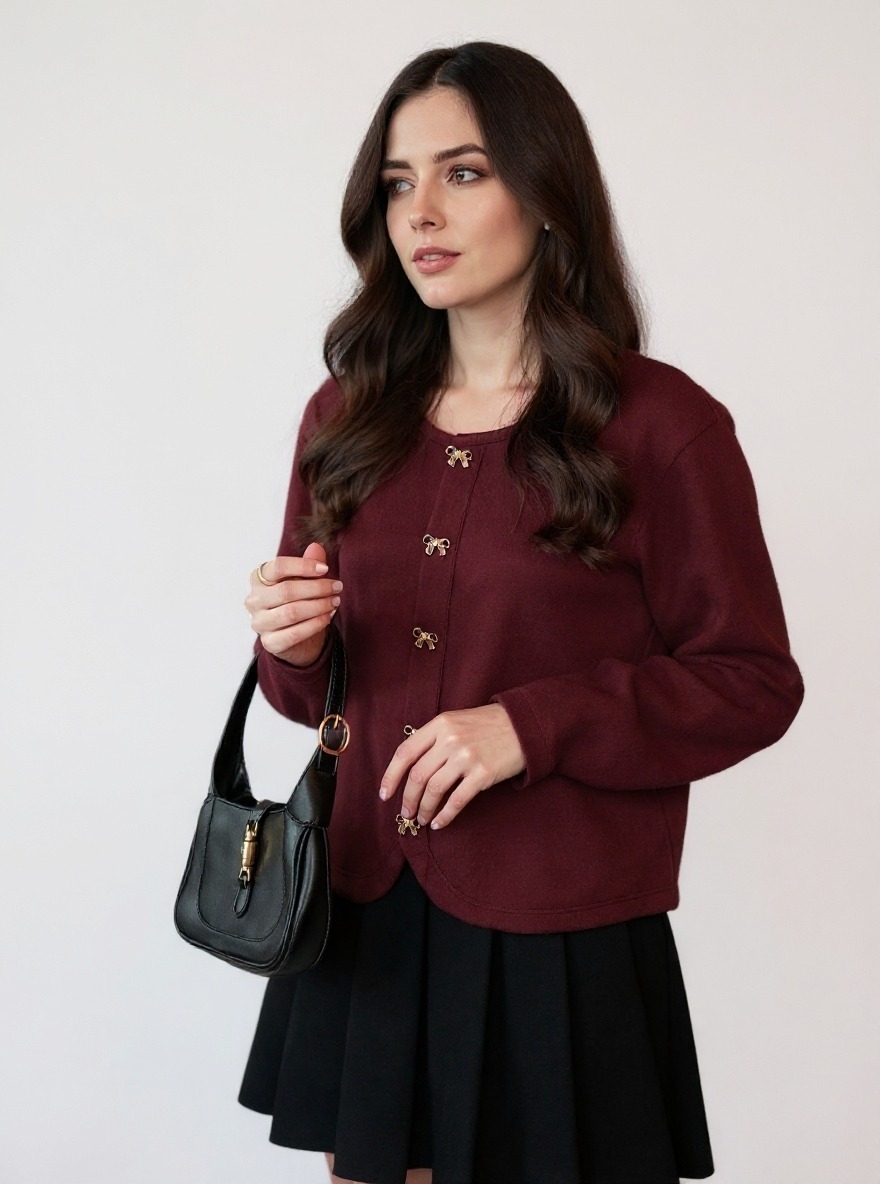 Cardigan de cuello redondo con botón abotonado cortado para mujer-Aegean-sea