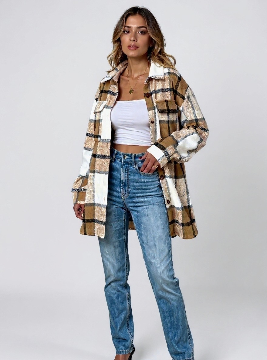 Camisa de manga larga abotonada a cuadros marrones y blancos-Aegean-sea