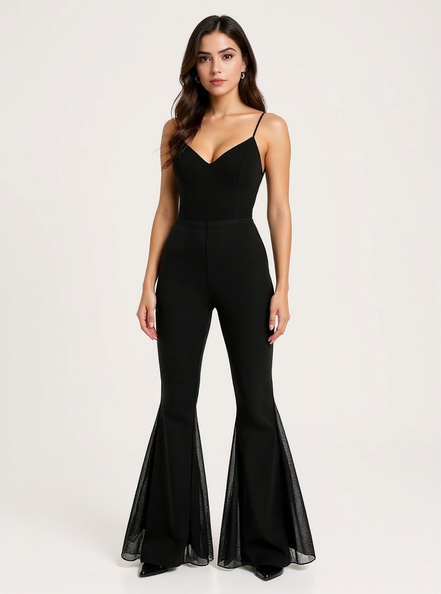 Women's Black High-Waisted Flare Pants with Mesh Panel Detailing-Aegean-sea
