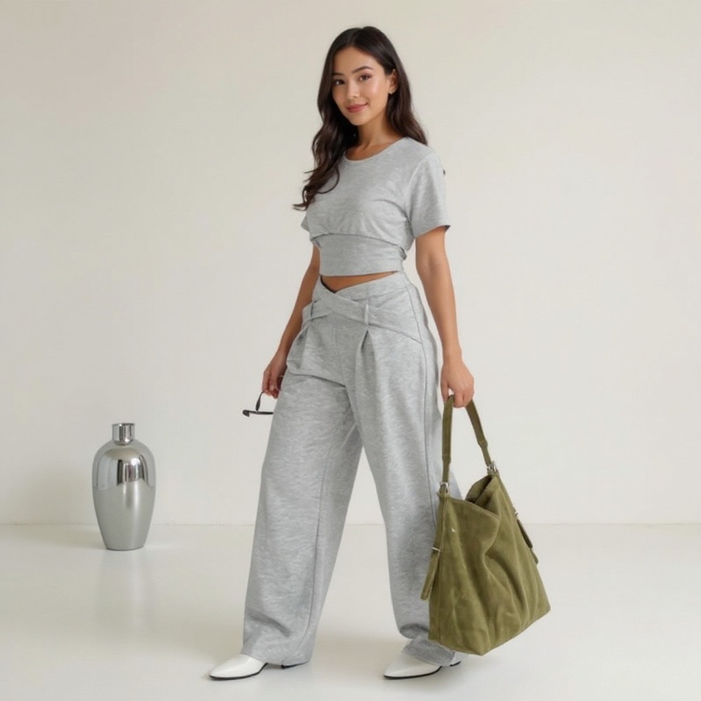 Light gray cross-waisted wide-legged pants for women Loose sagging casual sweatpants Daily commute laziness-Aegean-sea