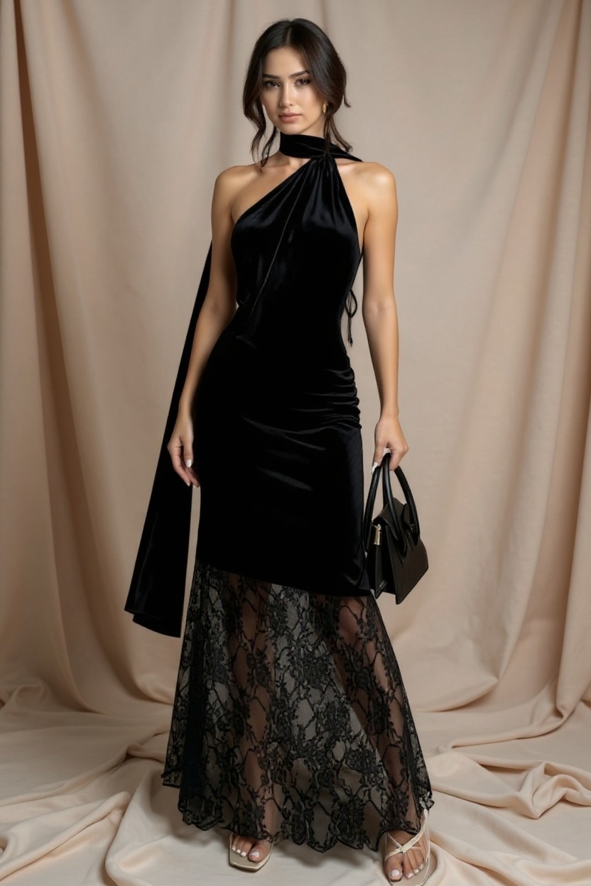 Woman's Black One-Shoulder Halter Lace Mermaid Maxi Dress