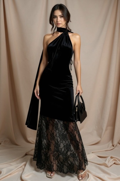 Woman's Black One-Shoulder Halter Lace Mermaid Maxi Dress