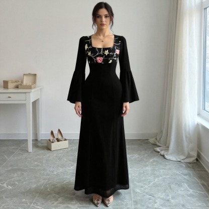 Woman's Square Neck Bell Sleeve Maxi Dress with Floral Embroidery-Aegean-sea