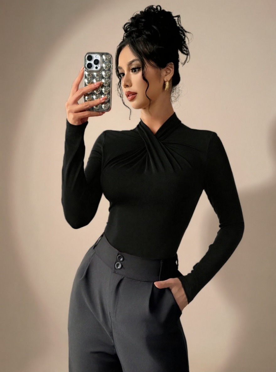 Black Long Sleeve Top with Twist Front Detail - Turtleneck Slim Fit for Casual & Party Wear-Aegean-sea
