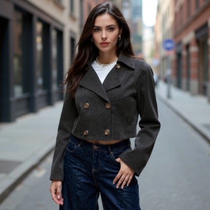 Woman's Black Cropped Double-Breasted Jacket with Metal Buttons-Aegean-sea