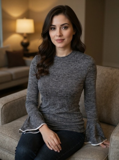 Fitted Gray Marled Knit Top - Bell Sleeves & White Trim Detail