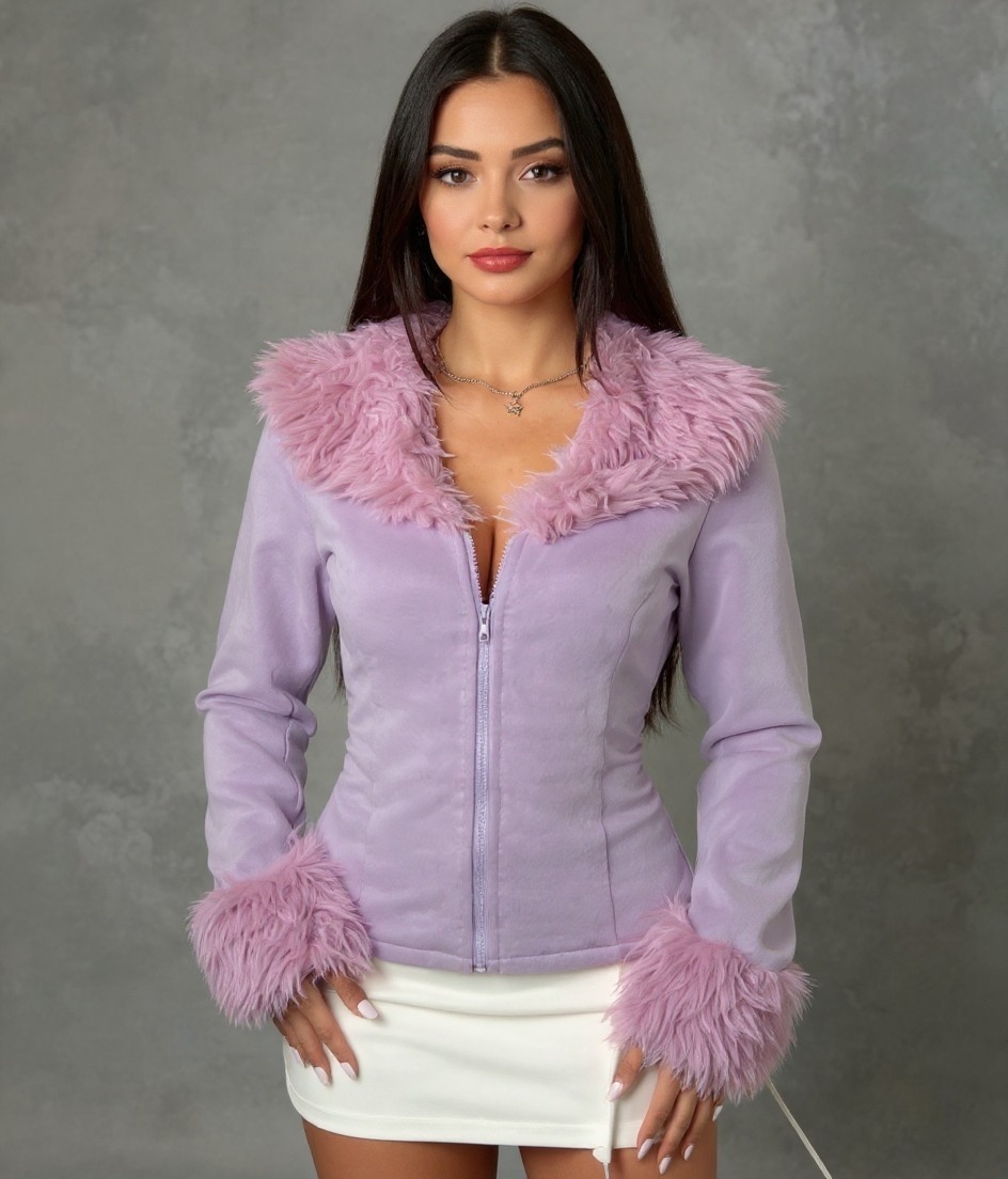 Chaqueta ajustada de color lavanda para mujer con cuello, puños y cremallera delantera de piel esponjosa-Aegean-sea