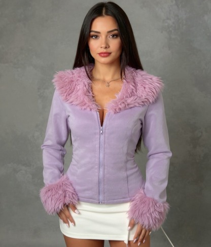 Chaqueta ajustada de color lavanda para mujer con cuello, puños y cremallera delantera de piel esponjosa-Aegean-sea