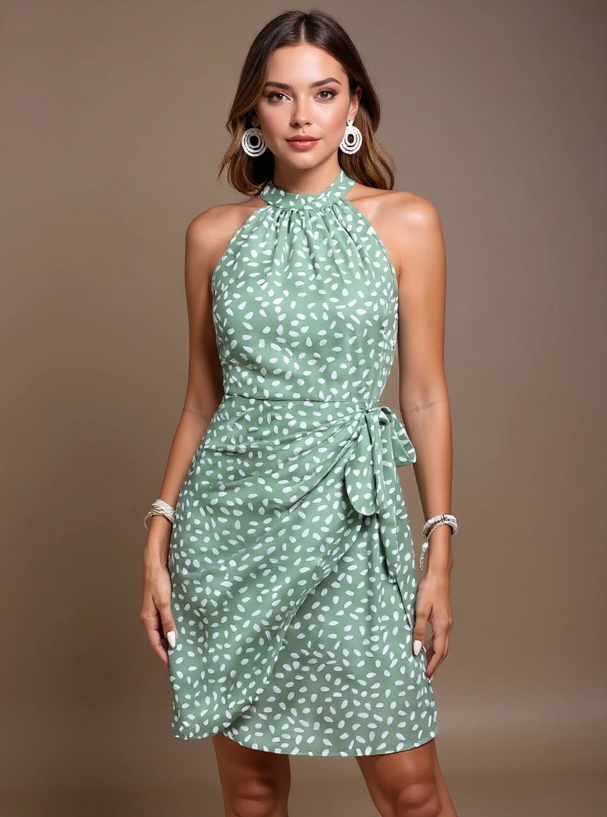 Women's Green Polka Dot Halter Neck Tie-Waist Wrap Mini Dress-Aegean-sea