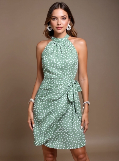 Women's Green Polka Dot Halter Neck Tie-Waist Wrap Mini Dress-Aegean-sea