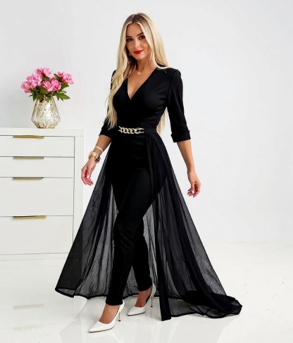 Women's Black Deep V-Neck 3/4 Sleeve Jumpsuit with Chain Belt and Chiffon Overlay-Aegean-sea