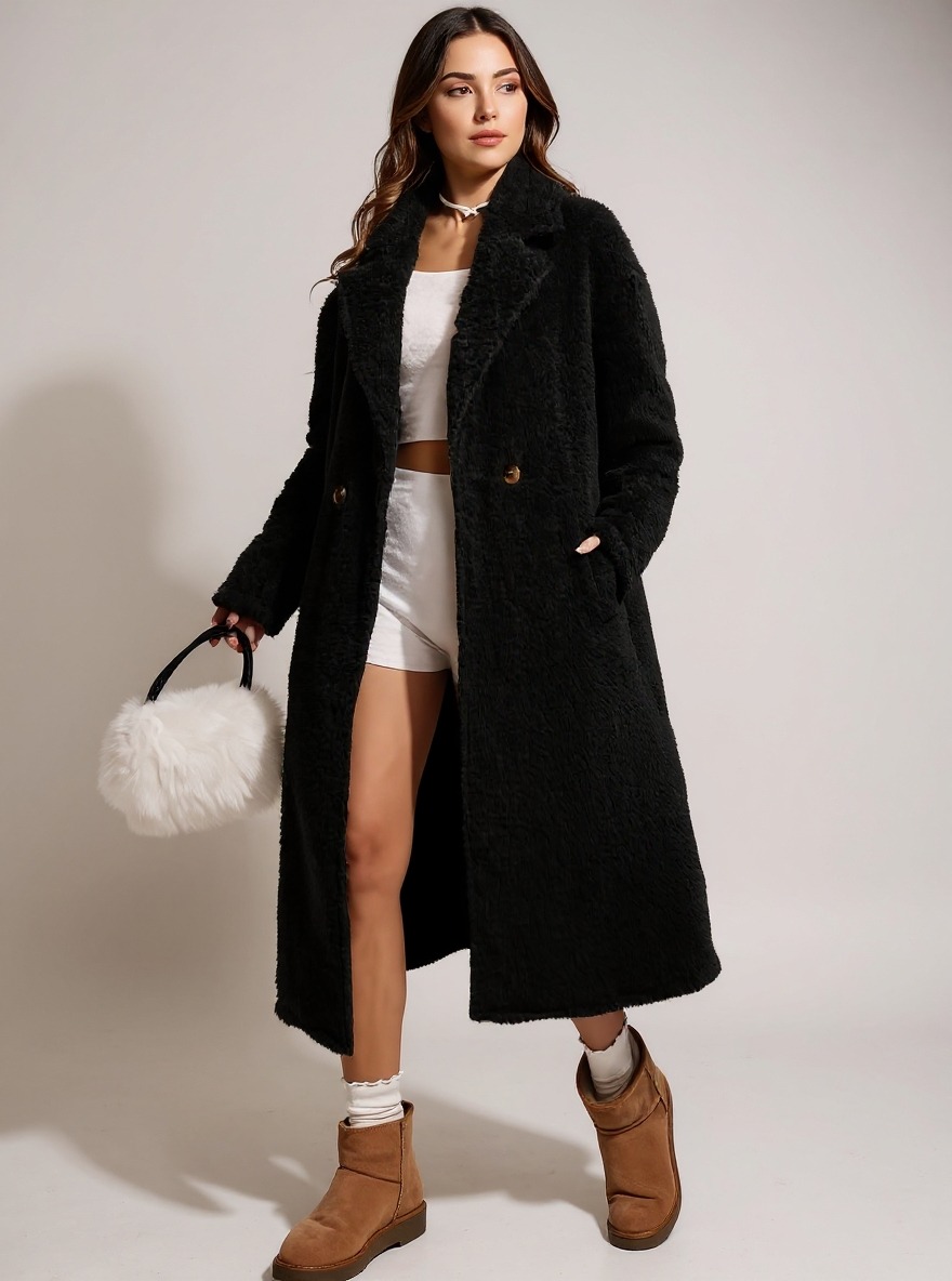 Women's Teddy Fleece Double - Breasted Long Coat-Aegean-sea