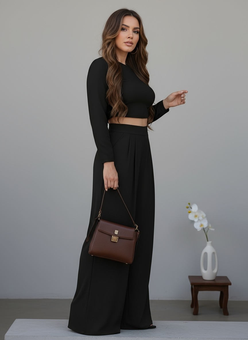 Set de dos piezas de blusa corta de manga larga negra y pantalones anchos de cintura alta para mujer