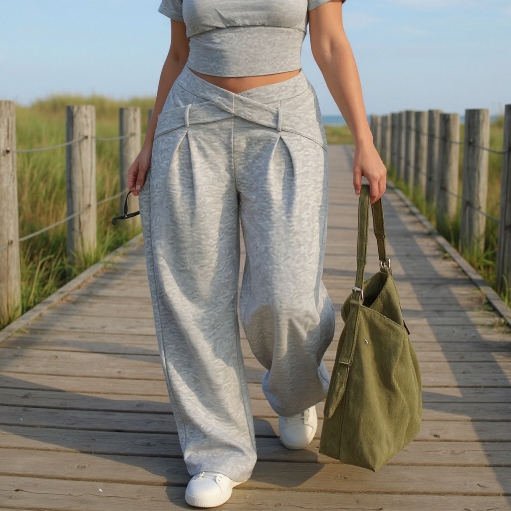 Light gray cross-waisted wide-legged pants for women Loose sagging casual sweatpants Daily commute laziness-Aegean-sea