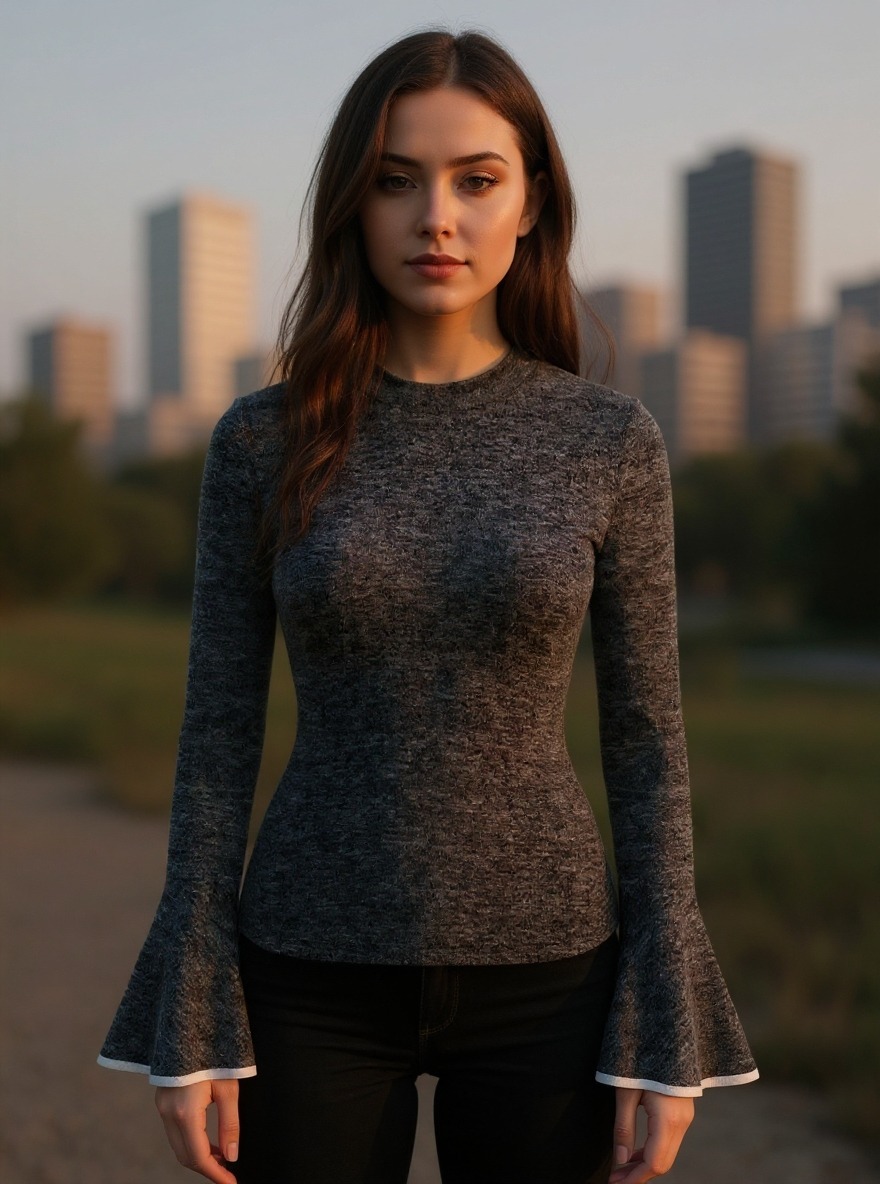 Fitted Gray Marled Knit Top - Bell Sleeves & White Trim Detail