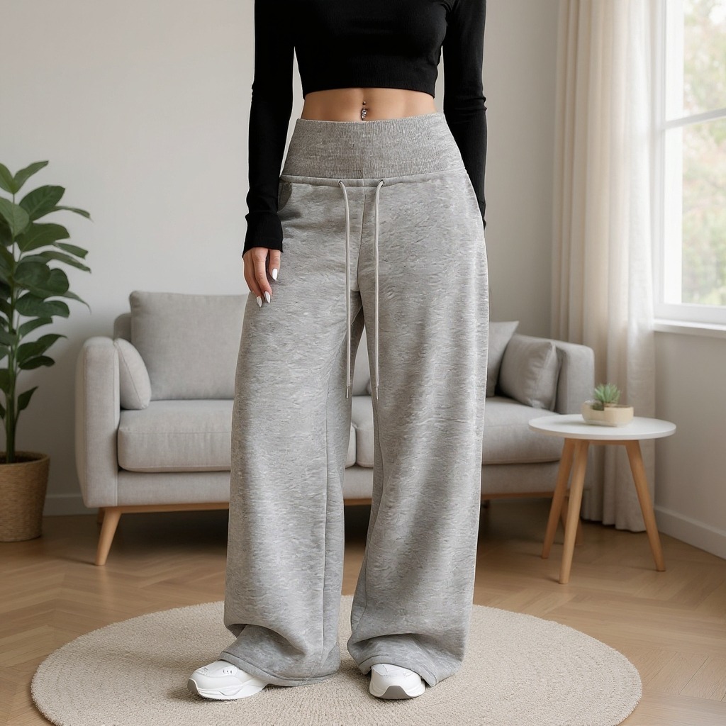 Light gray high waist drawstring broad leg wei pants woman, loose sagging feeling lazy wind pants