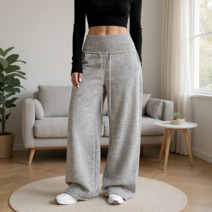 Light gray high waist drawstring broad leg wei pants woman, loose sagging feeling lazy wind pants