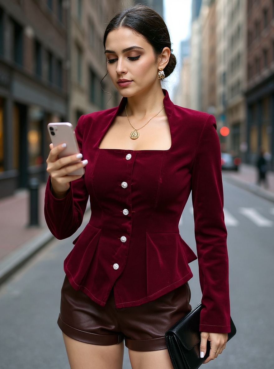 Camiseta de terciopelo de cuello cuadrado para mujer con botones de perla en la parte delantera y dobladillo con volantes.-Aegean-sea