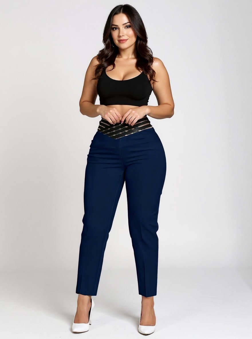 Women's High-Waisted Cropped Trousers with Mesh Detail-Aegean-sea