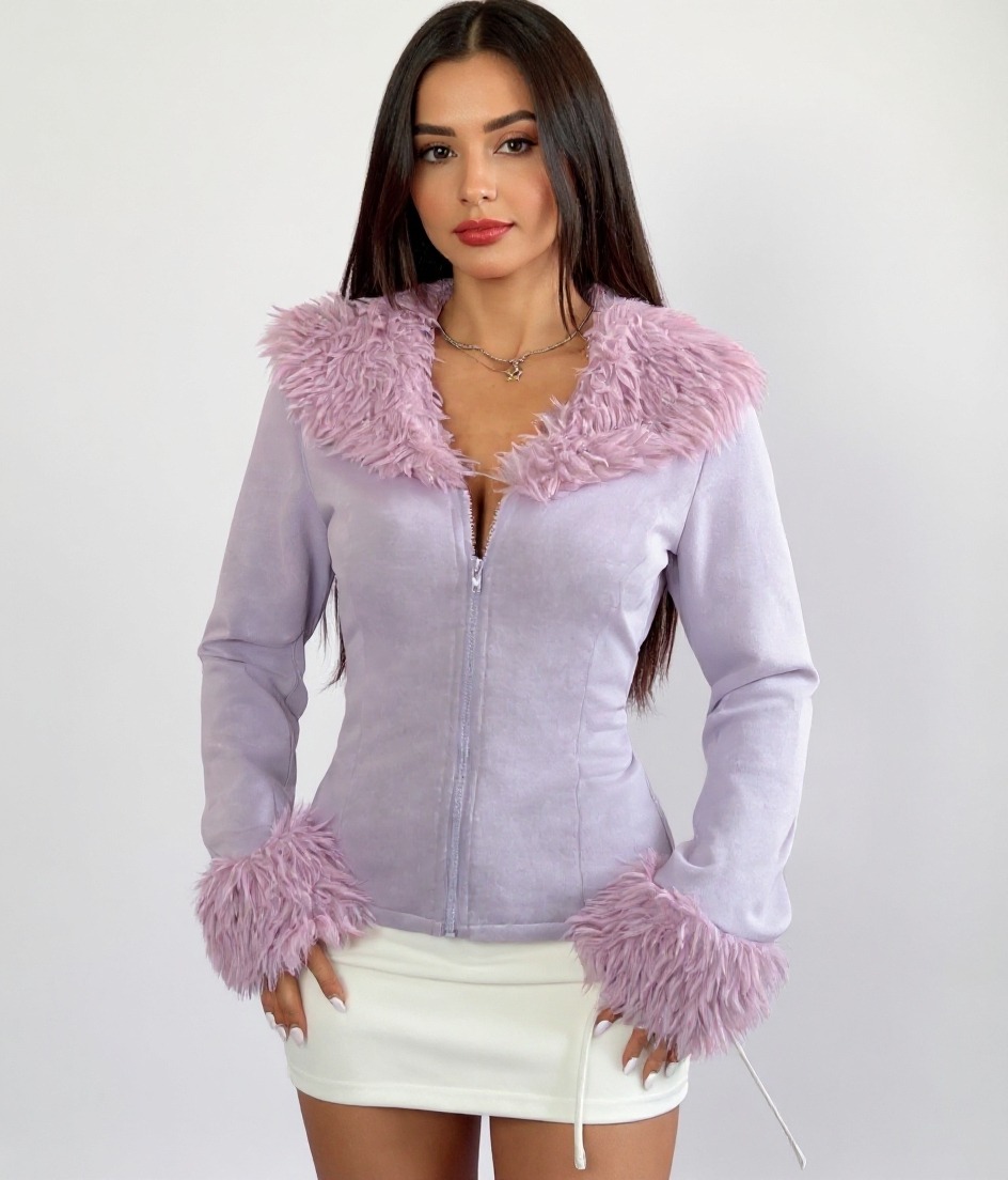 Chaqueta ajustada de color lavanda para mujer con cuello, puños y cremallera delantera de piel esponjosa-Aegean-sea