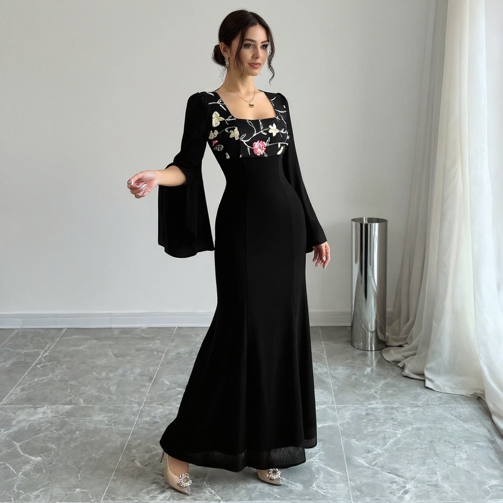 Woman's Square Neck Bell Sleeve Maxi Dress with Floral Embroidery-Aegean-sea