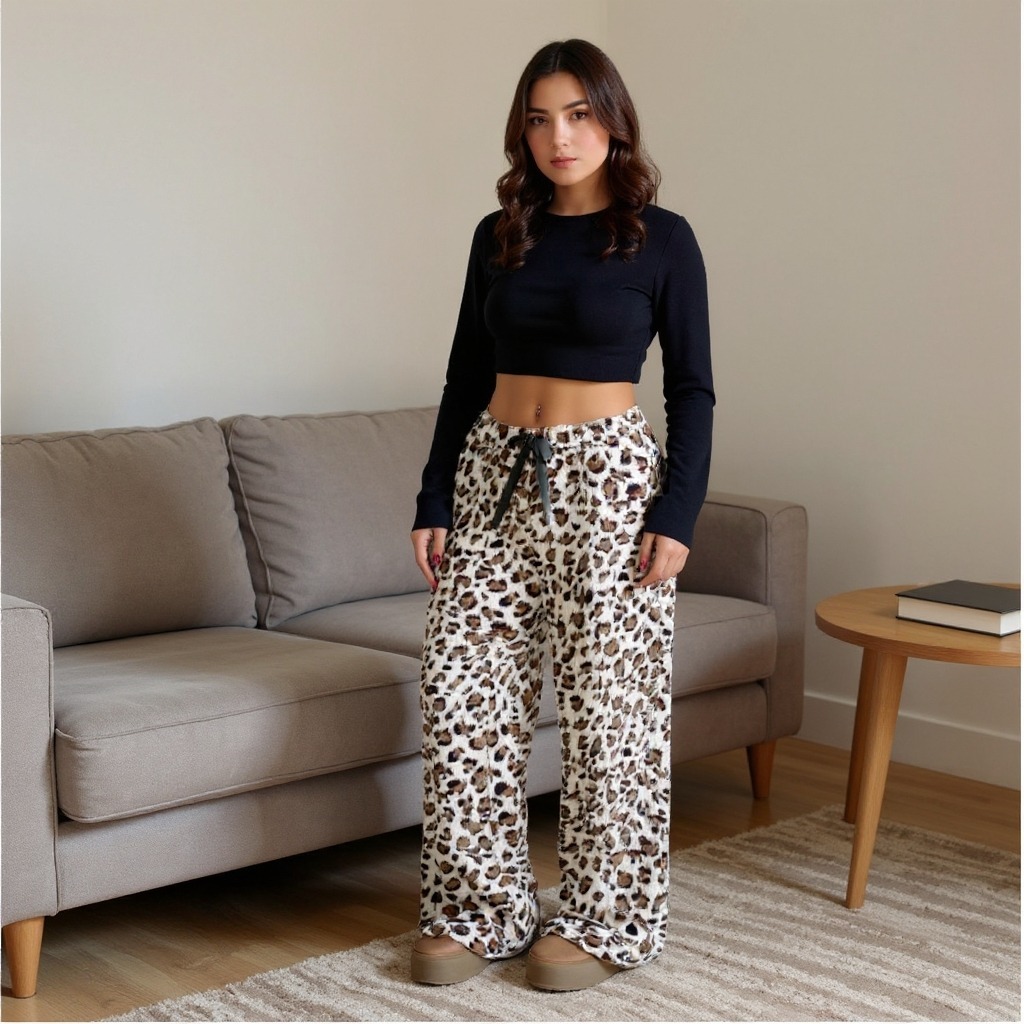 Leopard Print Fuzzy Wide Leg Pants with Drawstring Waist-Aegean-sea