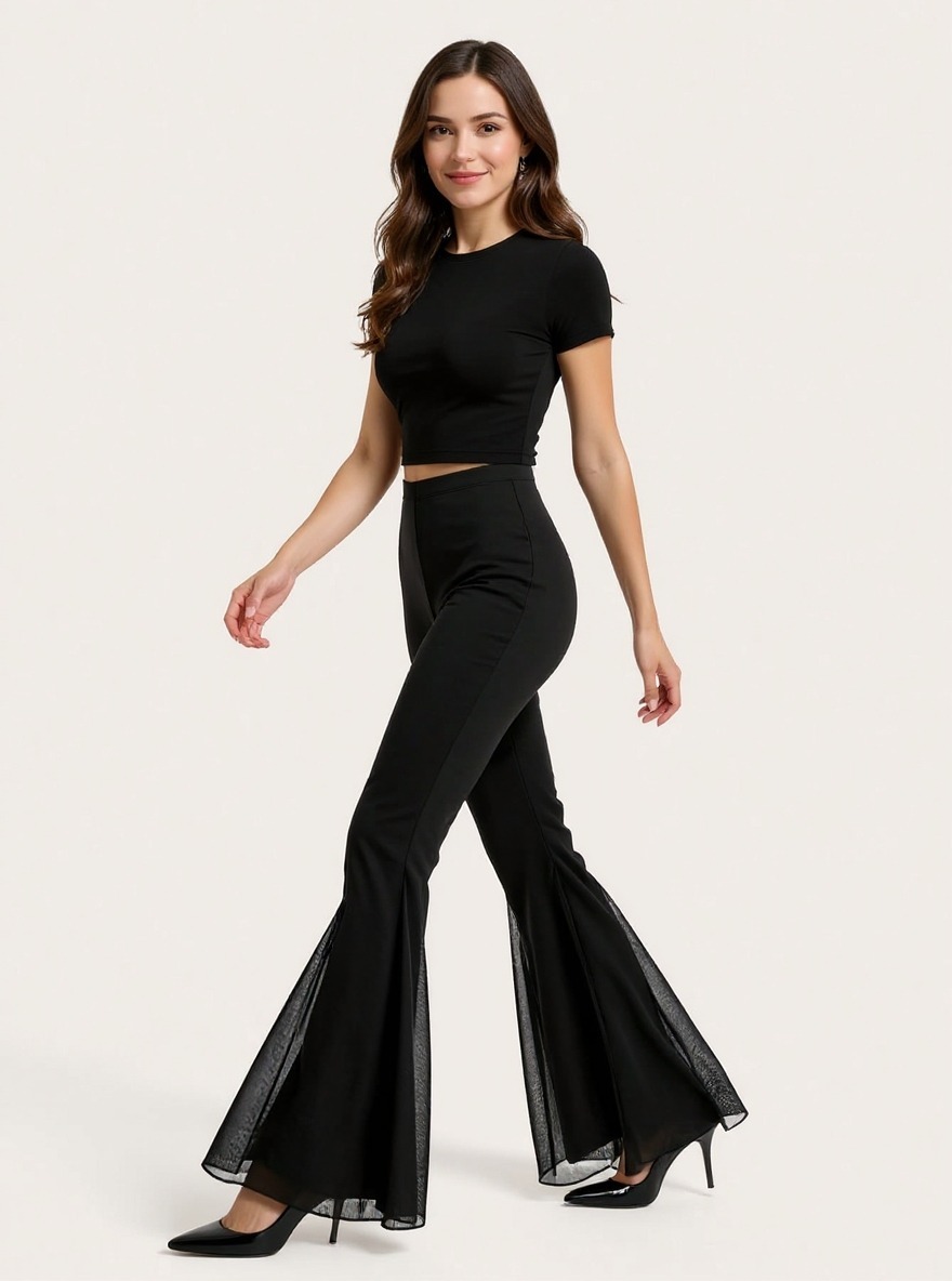Women's Black High-Waisted Flare Pants with Mesh Panel Detailing-Aegean-sea