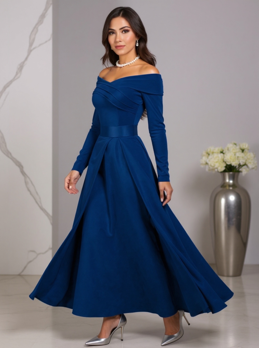 Women's Royal Blue Off-The-Shoulder Long Sleeve Jumpsuit with Flowy Overlay-Aegean-sea