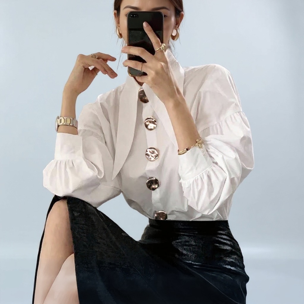 Women's White Blouse with Statement Buttons and Lantern Sleeves-Aegean-sea