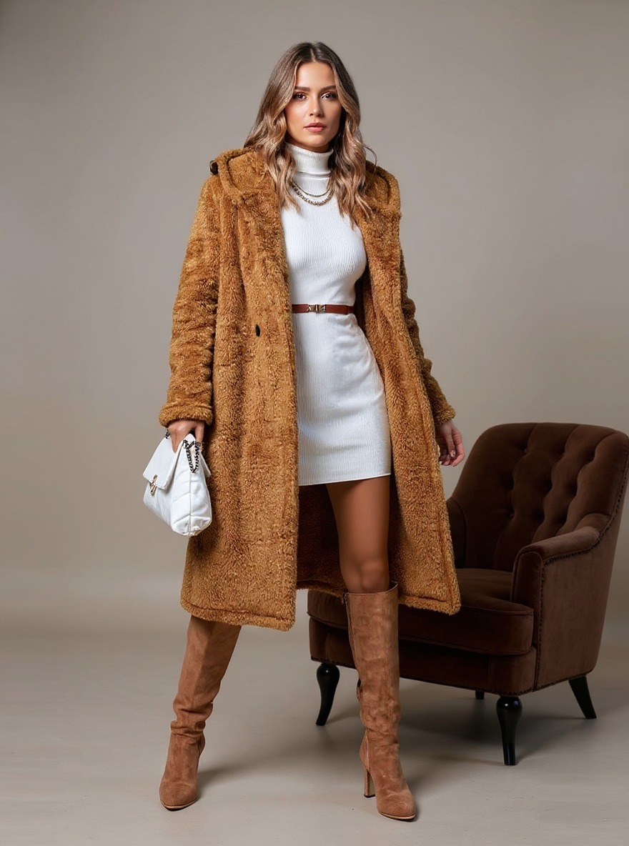 Women's Brown Teddy Fleece Hooded Long Coat-Aegean-sea