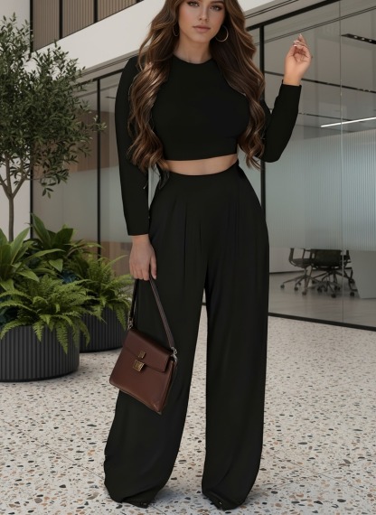 Set de dos piezas de blusa corta de manga larga negra y pantalones anchos de cintura alta para mujer