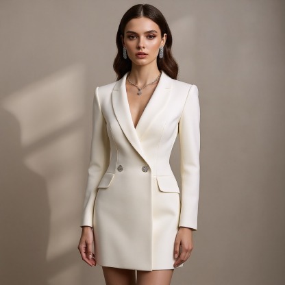 White Blazer Dress with Embellished Double Buttons-Aegean-sea