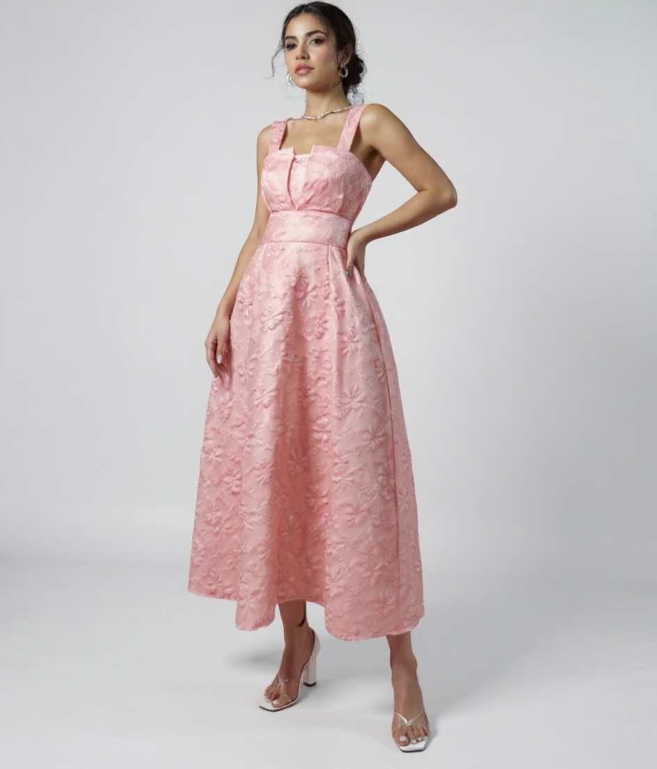 Women's Pink Floral Jacquard Square Neck Sleeveless Midi Dress-Aegean-sea