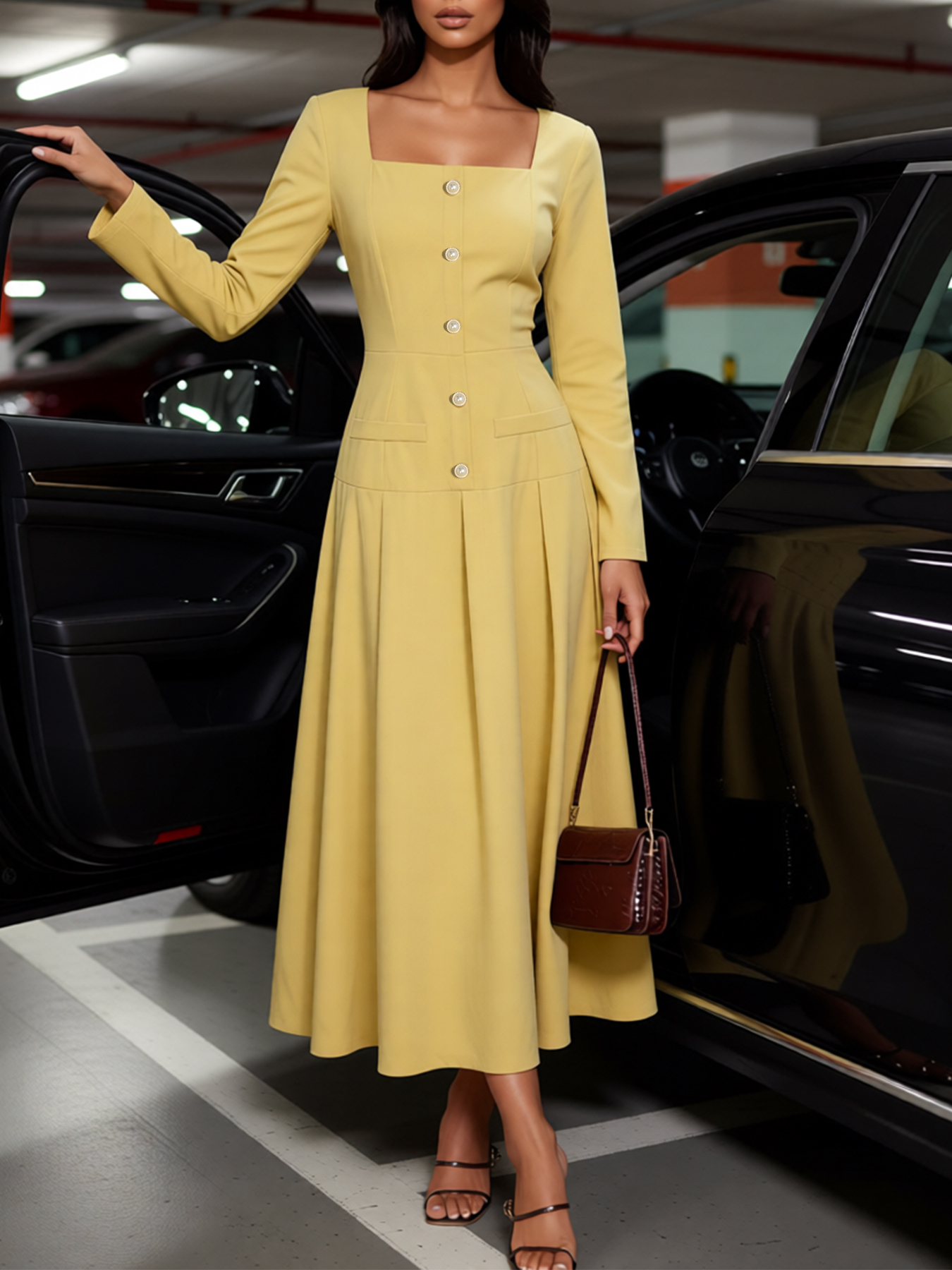 Yellow square-collared, wide-waisted long skirt, long-sleeved single-breasted style dress