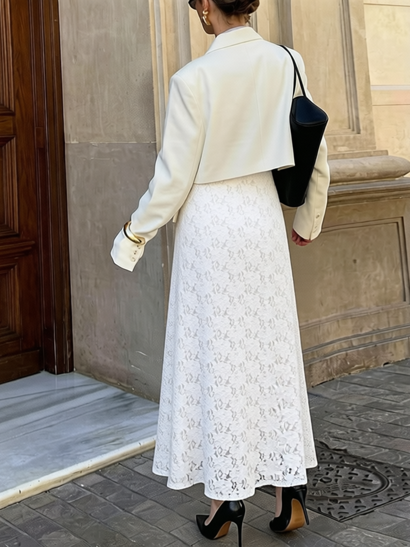 White lace high-waisted full-length skirt, holiday-style short skirt