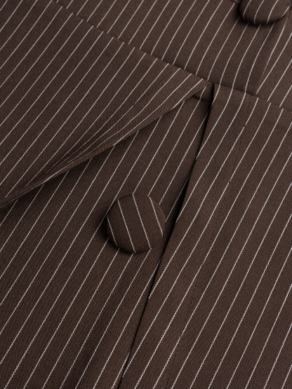 Brown Striped Suit Dress Woman Belted with Belt Roll-up Collar Long-Sleeve Short Skirt-Aegean-sea