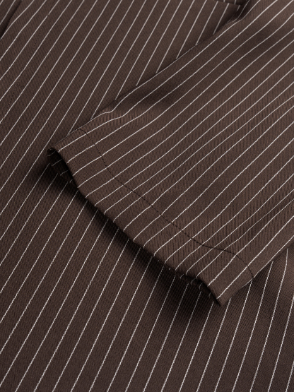 Brown Striped Suit Dress Woman Belted with Belt Roll-up Collar Long-Sleeve Short Skirt-Aegean-sea