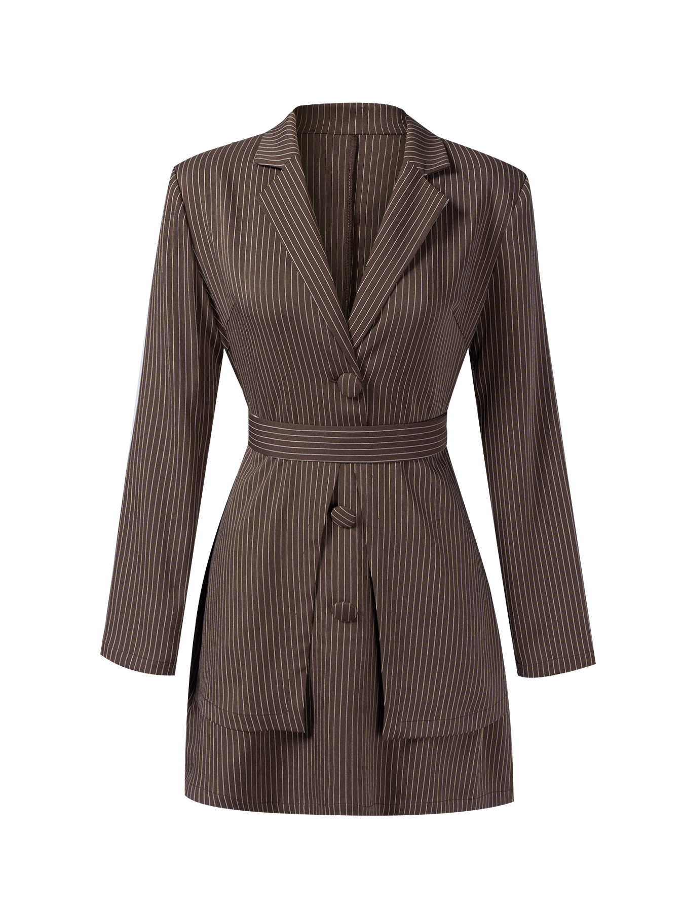 Brown Striped Suit Dress Woman Belted with Belt Roll-up Collar Long-Sleeve Short Skirt-Aegean-sea