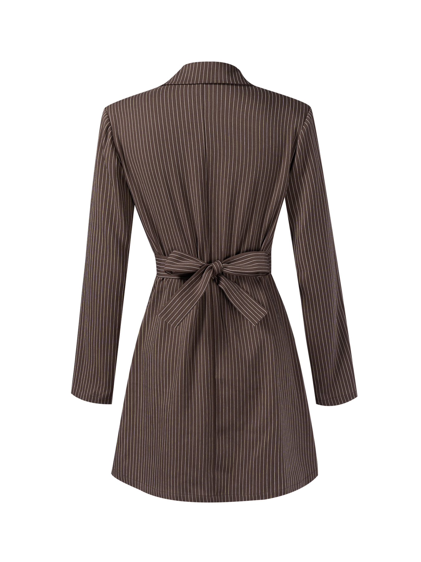 Brown Striped Suit Dress Woman Belted with Belt Roll-up Collar Long-Sleeve Short Skirt-Aegean-sea