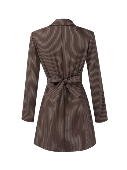 Brown Striped Suit Dress Woman Belted with Belt Roll-up Collar Long-Sleeve Short Skirt-Aegean-sea
