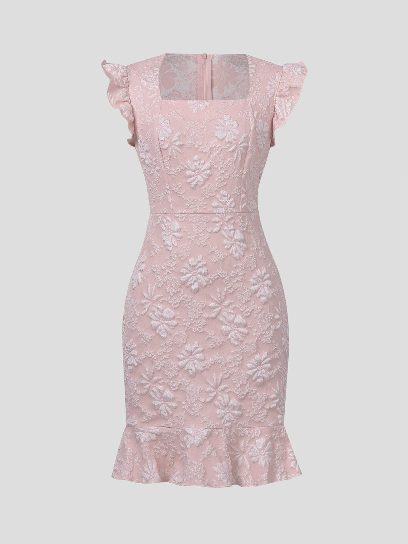 Pink Jacquard Square Neck Ruffle Bodycon Mini Dress, Elegant Casual Party Dress