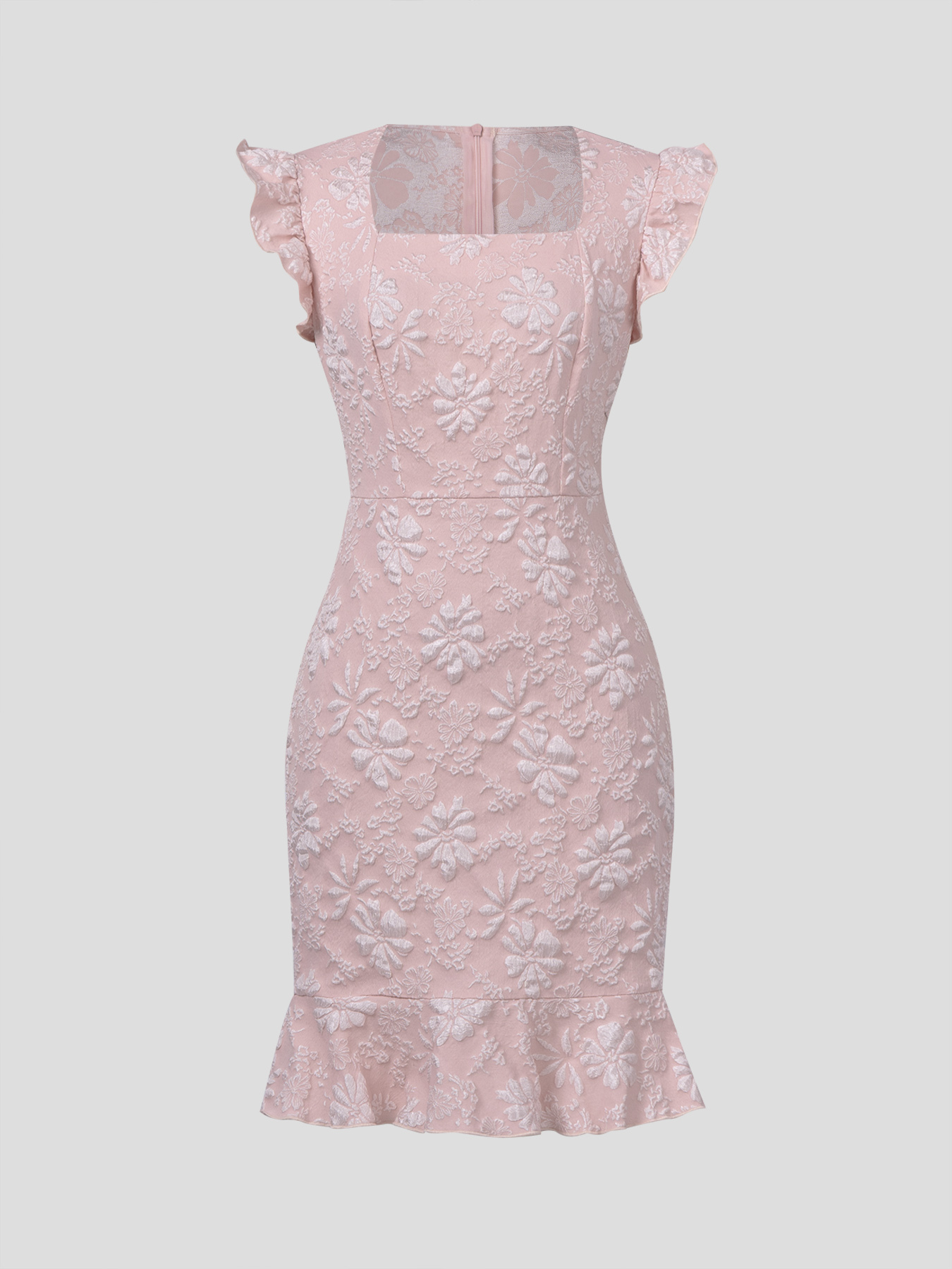 Pink Jacquard Square Neck Ruffle Bodycon Mini Dress, Elegant Casual Party Dress