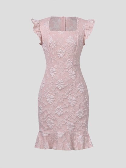 Pink Jacquard Square Neck Ruffle Bodycon Mini Dress, Elegant Casual Party Dress