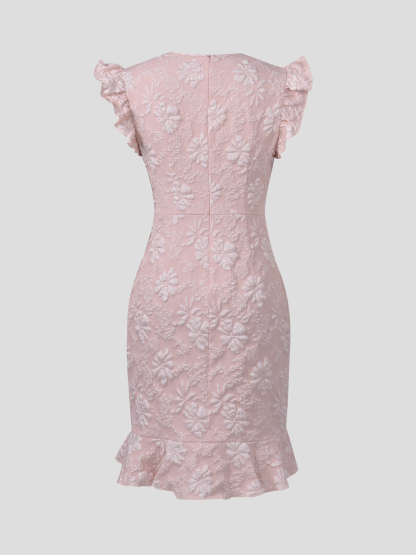 Pink Jacquard Square Neck Ruffle Bodycon Mini Dress, Elegant Casual Party Dress