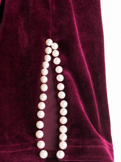 Women's Burgundy Velvet Pearl-Sleeve Bodycon Midi Dress-Aegean-sea